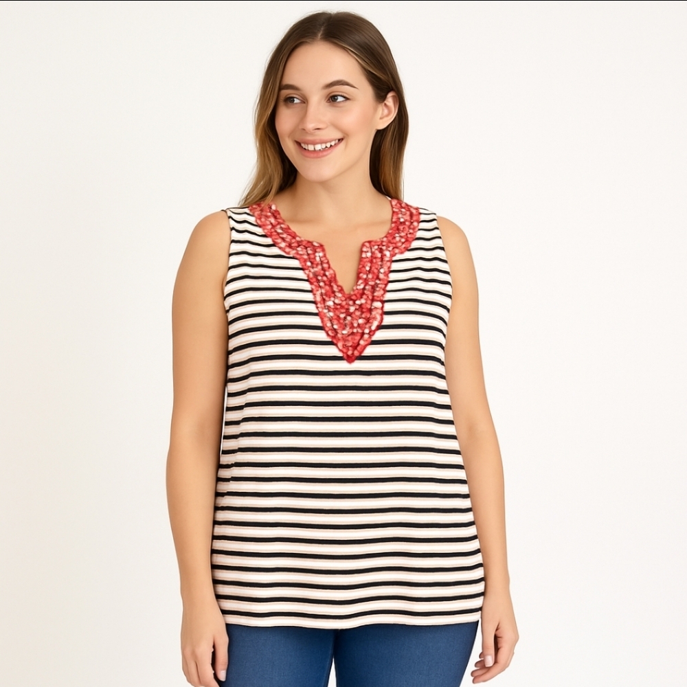 🎉Tommy Hilfiger Blue White Striped Tank Top With Embroidered Red Stars Sz SP